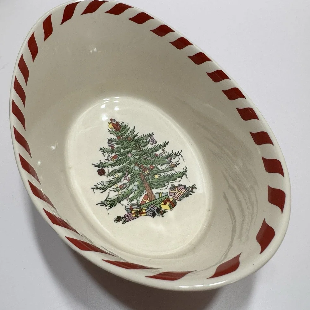 Spode Christmas Tree Peppermint Oval Bowl Holiday Serving Dish Candy Cane 9